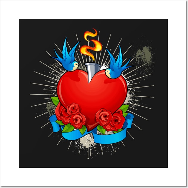 Flaming Heart with Blue Birds Wall Art by bluerockproducts